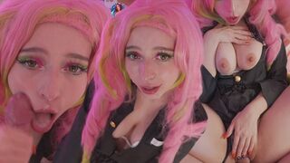 Mitsuri kanroji cosplayben élvezi a fasznak a lyukait és hatalmas arconlövellést kap